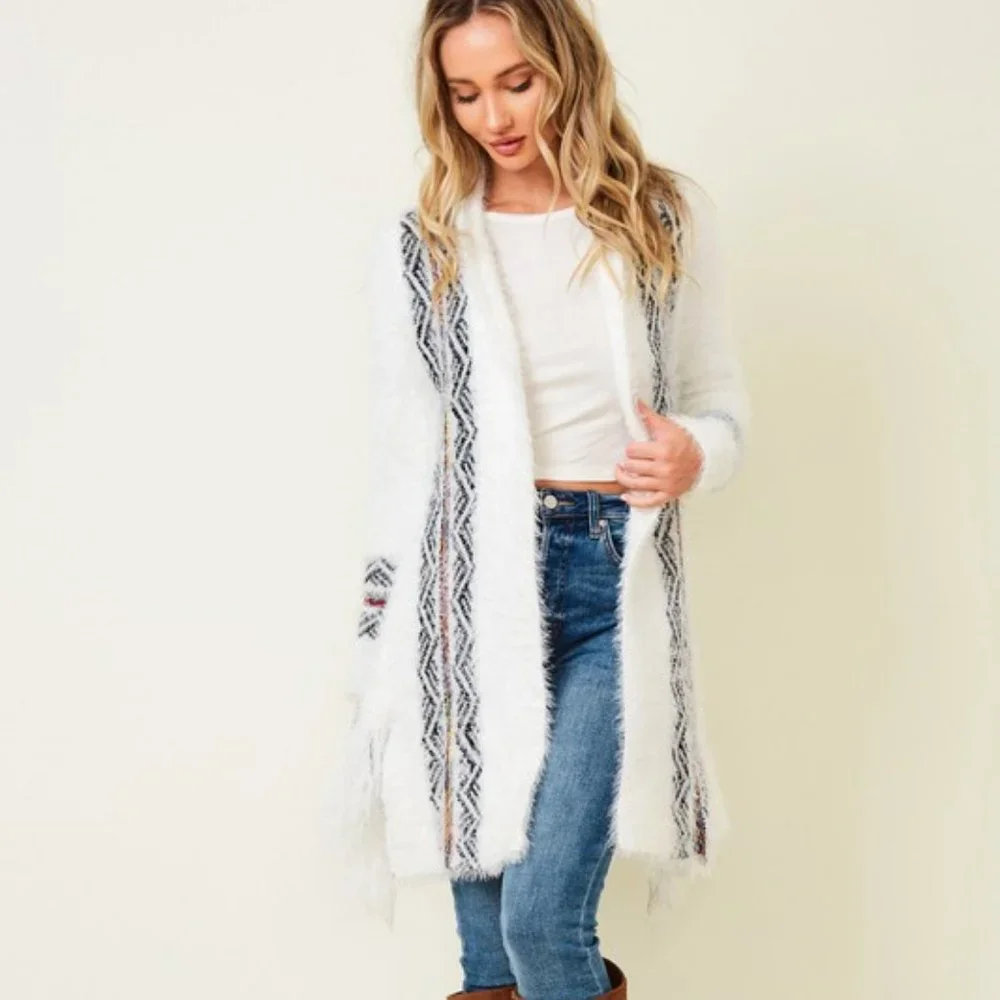 NEW ON BLUE AZTEC SOUTHWESTERN sweater drape cardigan fringe white soft Sm-3XL - Picture 5 of 9
